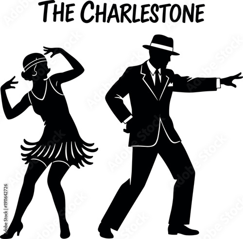 Vintage black and white silhouette of a flapper woman and man in a suit dancing the Charleston 1920s jazz era.