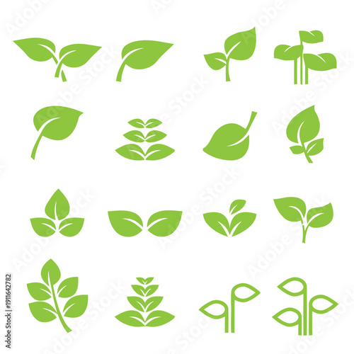 Green leaf and sprout icons representing growth and nature