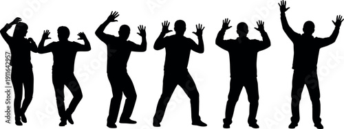 Silhouettes of happy people dancing and celebrating with raised hands isolated on white background for party and success concept designs