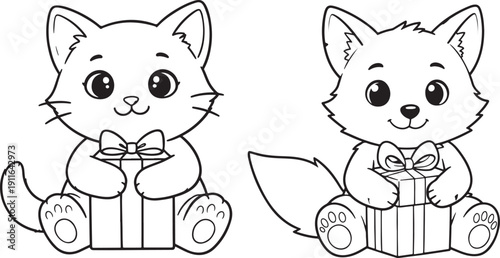 A kawaii cat coloring page featuring a kitten and a fox holding gift boxes
