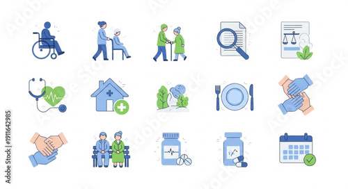 Collection of healthcare and senior care icons.