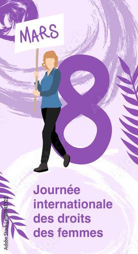 Visuel illustré pour les  réseaux sociaux pour la journée internationale des droits des femmes, le 8 mars. Silhouette de femmes brandissant une pancarte pour manifester.