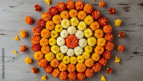 Top-down composition of marigolds in vivid hues and mandala design