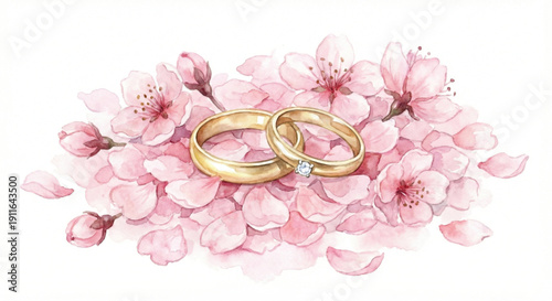 Watercolor clipart, pair of gold wedding rings nesting on a bed of soft pink cherry blossom petals, symbol of love and marriage, soft focus, romantic illustration