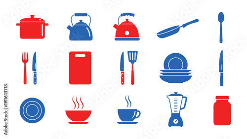 Kitchen Essentials: A colorful, minimalist collection of kitchen tools, including pots, pans, utensils, and serving dishes. It's a visually appealing set for culinary projects.