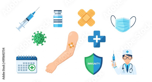 Medical healthcare icons and symbols collection for vaccination and protection.