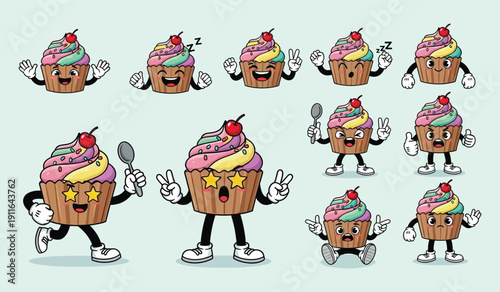 Delightful cupcake characters with colorful frosting and cheerful expressions, perfect for bakery promotions, party invitations, or sweet treat illustrations.