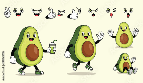 Cheery avocado character holding a smoothie, perfect for healthy eating promotions, vegan food branding, or fun, vibrant lifestyle illustrations.