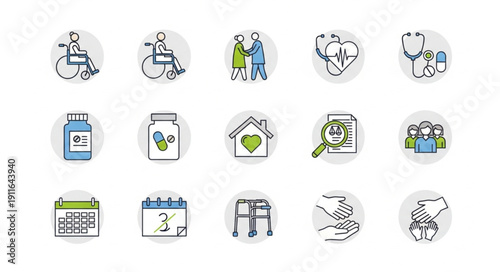 Collection of healthcare and elderly care icons in circles.