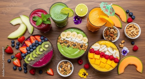 Vibrant Array of Healthy Smoothie Bowls and Fresh Fruit Smoothies