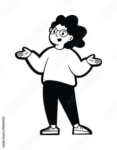 Foto Cheerful cartoon person with glasses and curly hair, gesturing with open hands