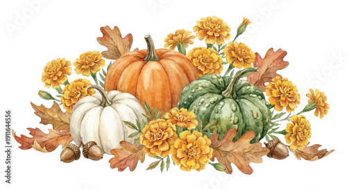 You said
Watercolor illustration, trio of orange, white and green pumpkins surrounded by golden marigold flowers and dry oak leaves, cozy fall vibes, soft artistic style, isolated on white background.