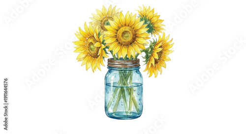 Watercolor illustration, bright yellow sunflowers arranged in a vintage blue glass mason jar, rustic table setting, golden petals, water reflection, isolated on white background.