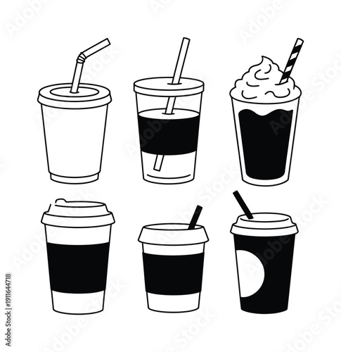 Collection of stylized black and white beverage cups with straws and lids