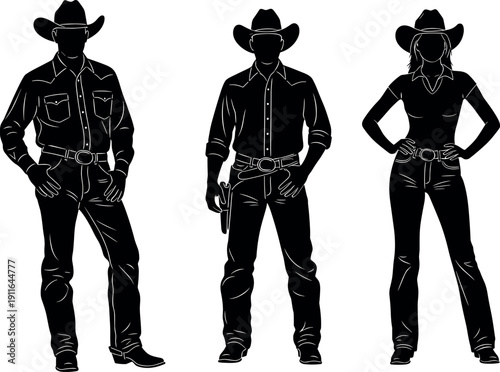 Black and white vector silhouettes of cowboys and cowgirl in western wear with hats and boots isolated on white background