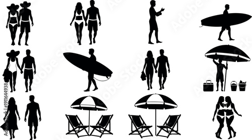 Black silhouette beach summer collection featuring couples walking, surfers with boards, people under umbrellas, and relaxing deck chairs for vacation design.