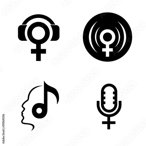 Female Audio and Music Icons Set with Headphones, Record, Musical Note, and Microphone