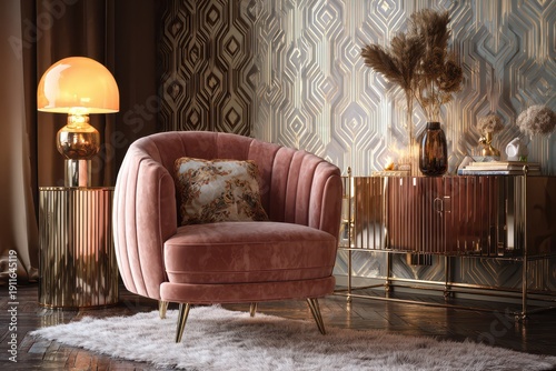 Art Deco interior featuring a pink velvet armchair and chic lamp in warm ambient light
