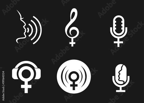 Female Voice and Audio Icons Set. Women in Media, Music, Podcasting, and Broadcast Symbols.
