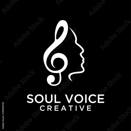 Elegant minimalist logo featuring a treble clef seamlessly integrated with a woman's face in profile, symbolizing music, voice, and creative expression.