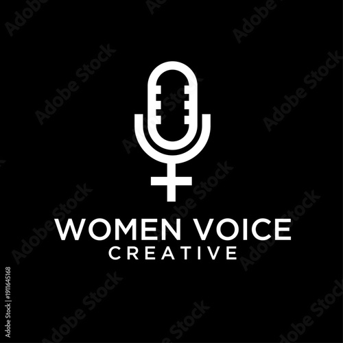Women Voice Creative logo combining microphone and female symbol on a black background