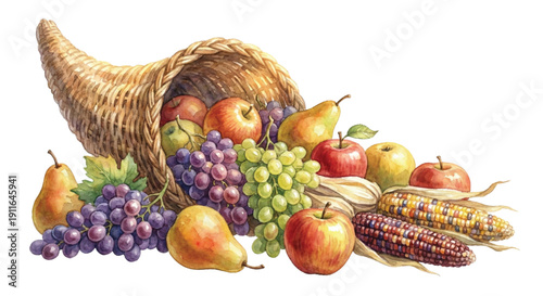 Watercolor clipart, traditional wicker horn of plenty (cornucopia) overflowing with grapes, red apples, pears, and indian corn, golden hour lighting, thanksgiving symbol, isolated on white.