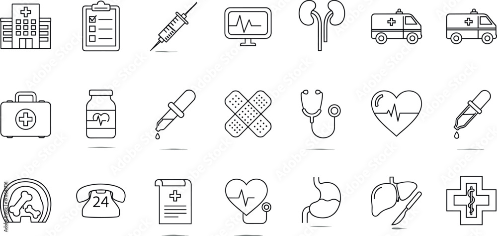 Naklejka premium Minimal line medical and healthcare icon set showing hospital equipment diagnostics cardiology emergency care and patient treatment concepts