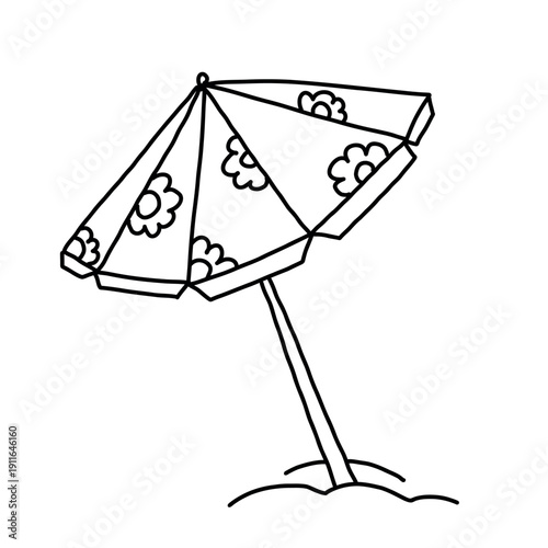 Simple black and white doodle of a beach umbrella with floral patterns, stuck in sand.
