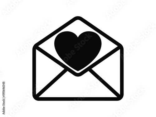 Envelope with a heart inside, black vector illustration for love letters and messages