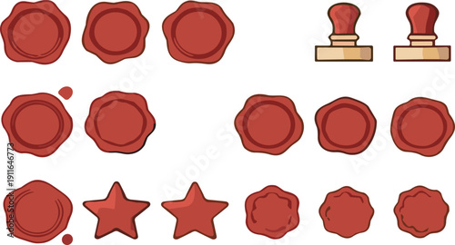 Red wax seal stamp collection with vintage postal marks decorative vector illustration set isolated background