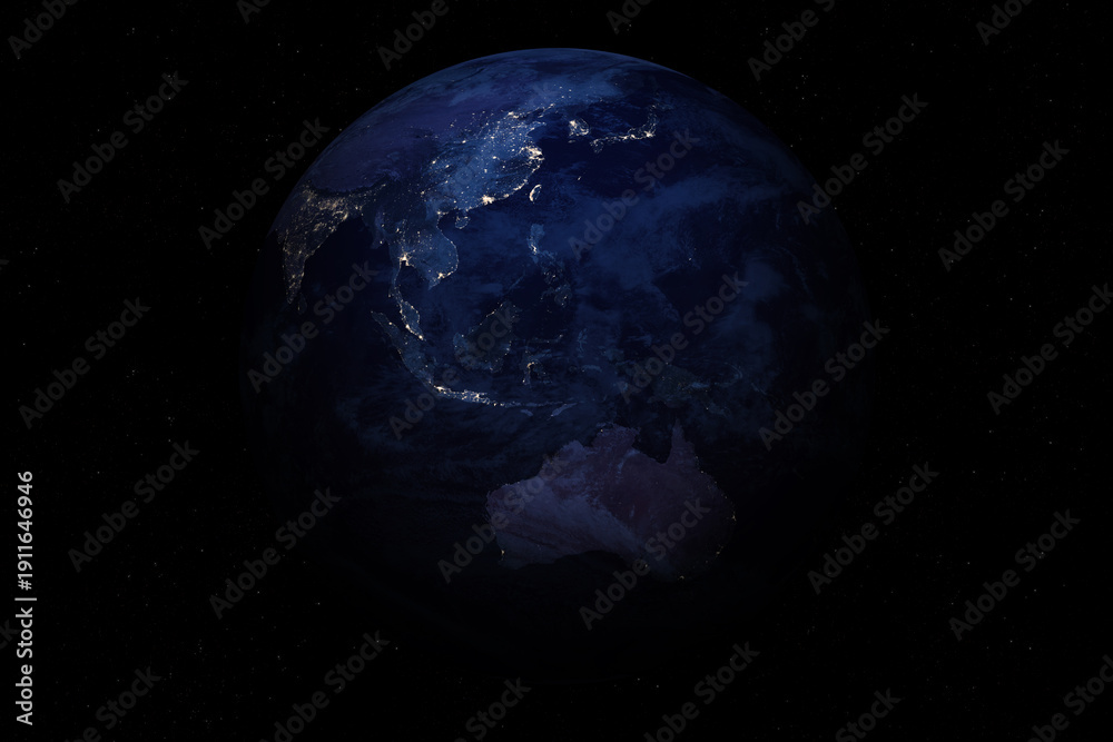 Fototapeta premium Earth planet at night. Asia, Australia and Oceania at night viewed from space with city lights. Southeast Asia from space. Beautiful Dark background. 