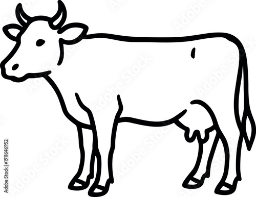 Minimalist Side Profile of a Standing Dairy Cow with Horns and Udder in Outline Vector