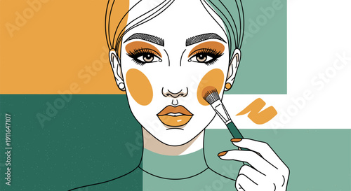 Abstract art illustration of a beauty influencer applying bronzer with a brush, Beauty influencer applying bronzer