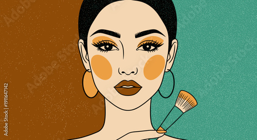 Flat design illustration of a beauty influencer applying bronzer with a fluffy brush, Beauty influencer applying bronzer