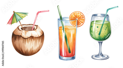 Watercolor summer drinks collection with coconut and citrus cocktail. Exotic cocktails with fruit garnish set