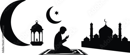 Black silhouette of muslim man praying on mat facing mosque with crescent moon star and hanging lantern in islamic religious concept vector art illustration