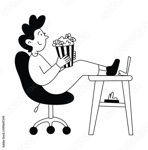 Person relaxing with popcorn and laptop, enjoying downtime and entertainment