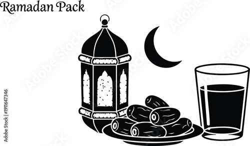 Ramadan icon pack with crescent moon lantern plate of dates and glass of juice in minimalist black vector art design for religious celebration and festive decoration