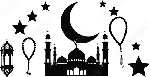 Black silhouette mosque with crescent moon and stars ornate lantern and prayer beads composition religious islamic themed vector art illustration
