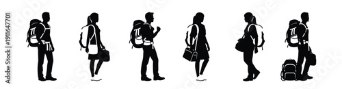 Set of Travelers and Tourists Silhouettes People Carrying Backpacks and Suitcases for Travel and Vacation Concept Vector Illustration Isolated on White