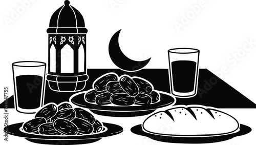 Black and white vector art of crescent moon dates lantern bread and glasses symbolizing islamic holy month ramadan fasting celebration and traditional iftar meal setup in flat design style
