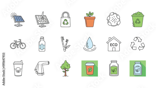 Sustainable Icons: A visually engaging collection of icons representing sustainable practices and eco-friendly choices, ideal for promoting environmental awareness and responsible living.