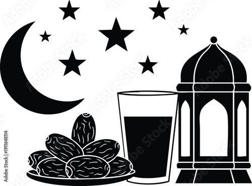 Black silhouette of crescent moon stars glass of liquid plate of dates and traditional islamic lantern symbolizing ramadan fasting and celebration vector art