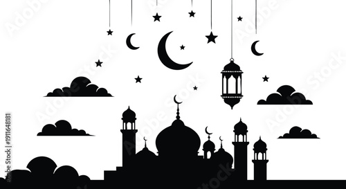 Silhouette of mosque with domes and minarets under hanging crescent moons stars and lanterns with clouds in flat black and white vector style peaceful evening scene