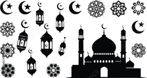 Black silhouette mosque with domes and minarets crescent moon star symbols ornate islamic lanterns and intricate floral geometric islamic patterns vector art in flat style