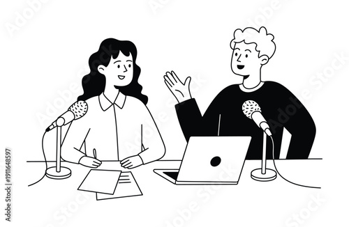 Two people in a minimalist illustration, a woman and a man, are recording a podcast with microphones and a laptop