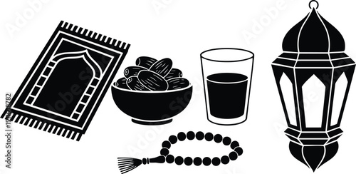 Black silhouette vector art of islamic prayer rug bowl of dates glass of juice prayer beads and decorative lantern set in flat style for ramadan religious celebration illustration