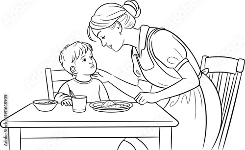 Black and white line art illustration of a caring mother talking to her young son during breakfast mealtime at a wooden dining table