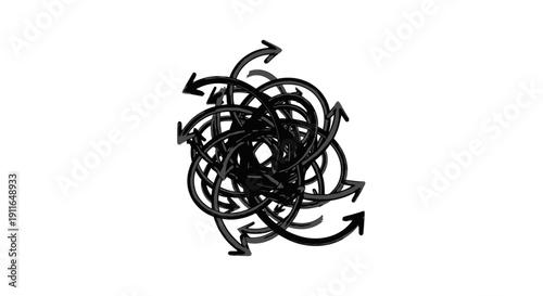 chaotic tangled arrows on white symbolizing confusion complex decisions and overwhelm for business strategy and mental health.
