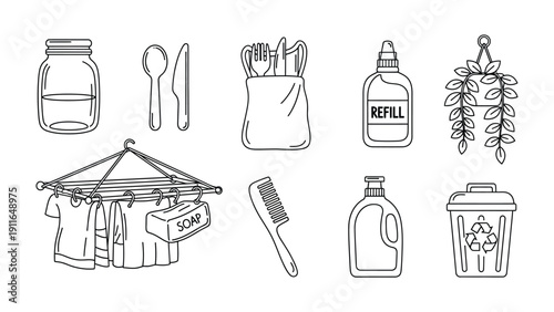 Eco-Conscious Essentials: A collection of sustainable living items, illustrated to promote eco-friendly practices and inspire environmentally mindful choices.